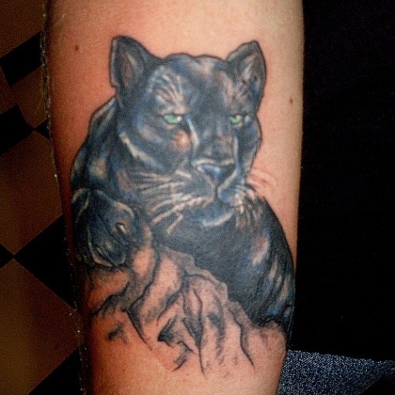 Blue Ink Realistic Panther Tattoo On Arm