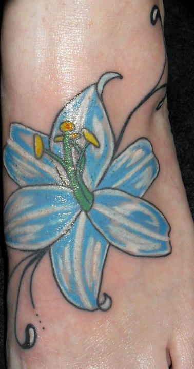 Blue Lily Flower Tattoo On Foot