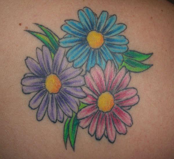 Blue, Purple And Pink Daisy Tattoos Idea