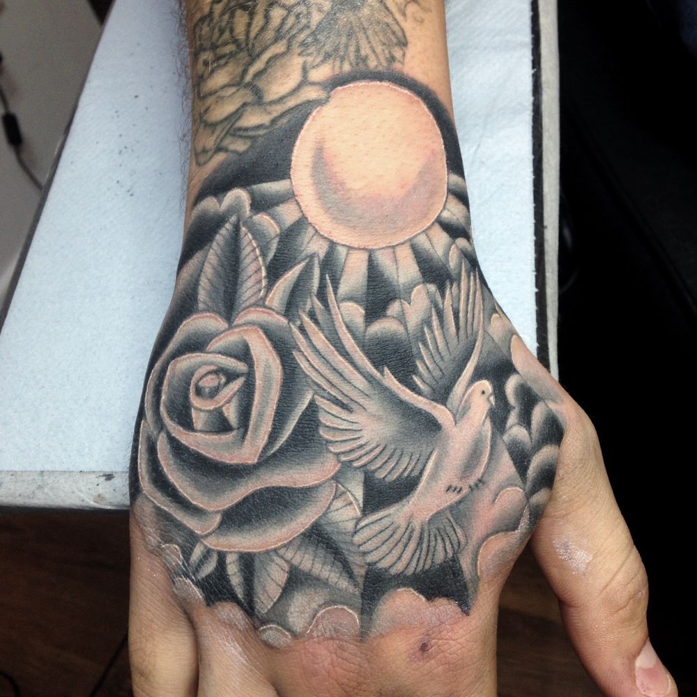 Blue Rose And Dove Tattoo On Right Hand