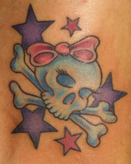 Blue Skull With Bow And Purple Stars Tattoo Idea