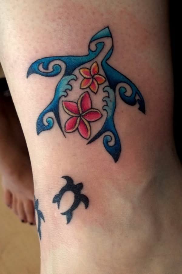 Blue Tribal Peace Turtle Tattoos On Girl Leg