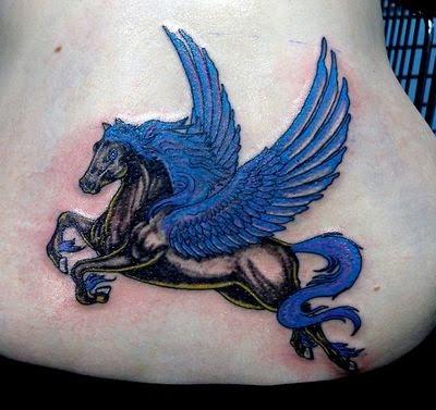 Blue Winged Horse Tattoo On Lower Back
