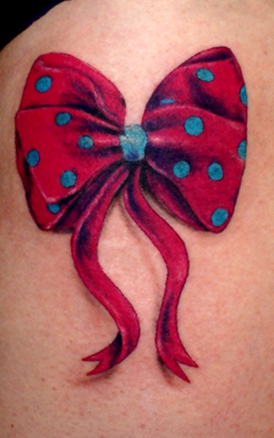 Blue Dots In Red Bow Tattoo On Shoulder
