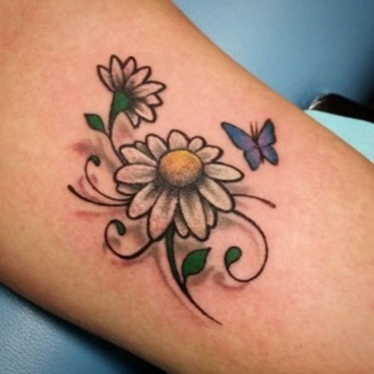 Butterfly And Daisy Flower Tattoo On Foot