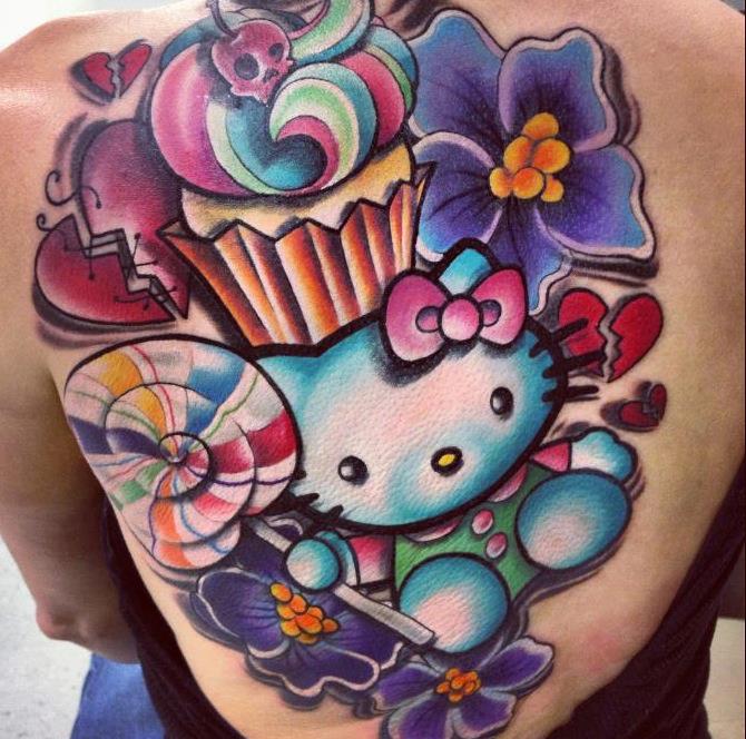 Candies And Hello Kitty With Sugar Skull Cupcake Tattoo