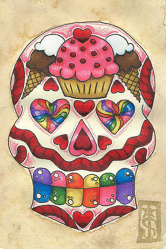 Candies And Sugar Skull Cupcake Tattoo
