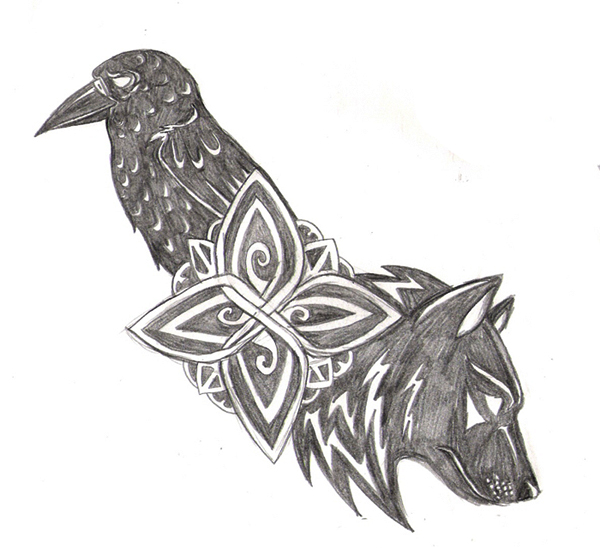 Celtic Design With Raven And Wolf Head Tattoo Design