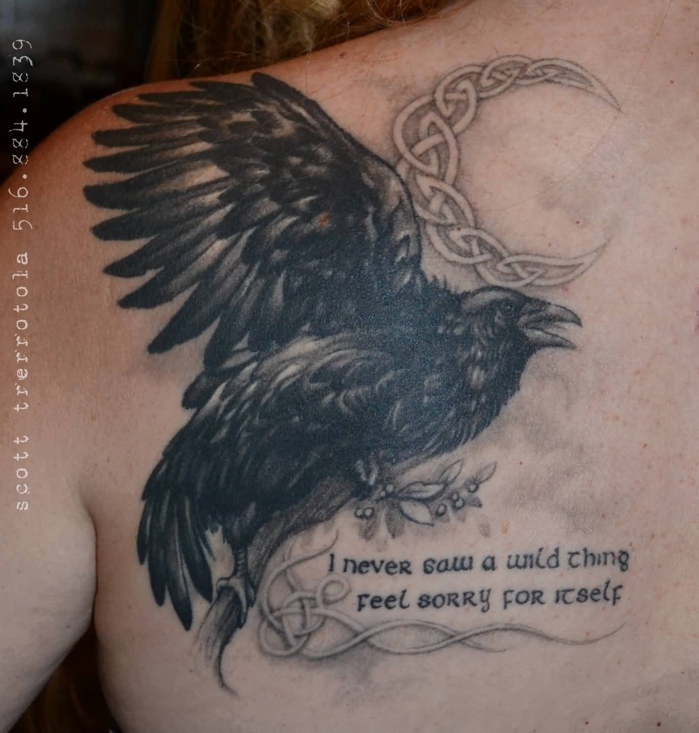 Celtic Moon and Raven Tattoo On Left Back Shoulder