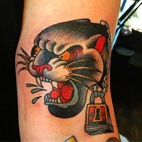Chain Lock In Panther Head Tattoo On Arm