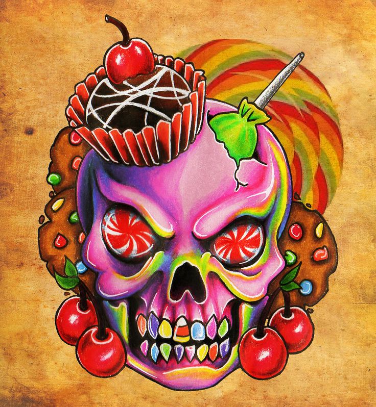 Cherries And Sugar Skull Cupcake Tattoo Design