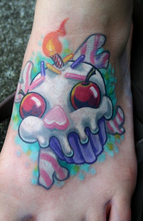 Cherries And Sugar Skull Cupcake Tattoo On Left Foot