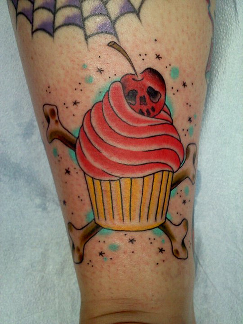 Cherry And Sugar Skull Cupcake Tattoo