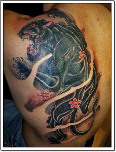 Cherry Blossom Flowers And Panther Tattoo On Man Left Back Shoulder