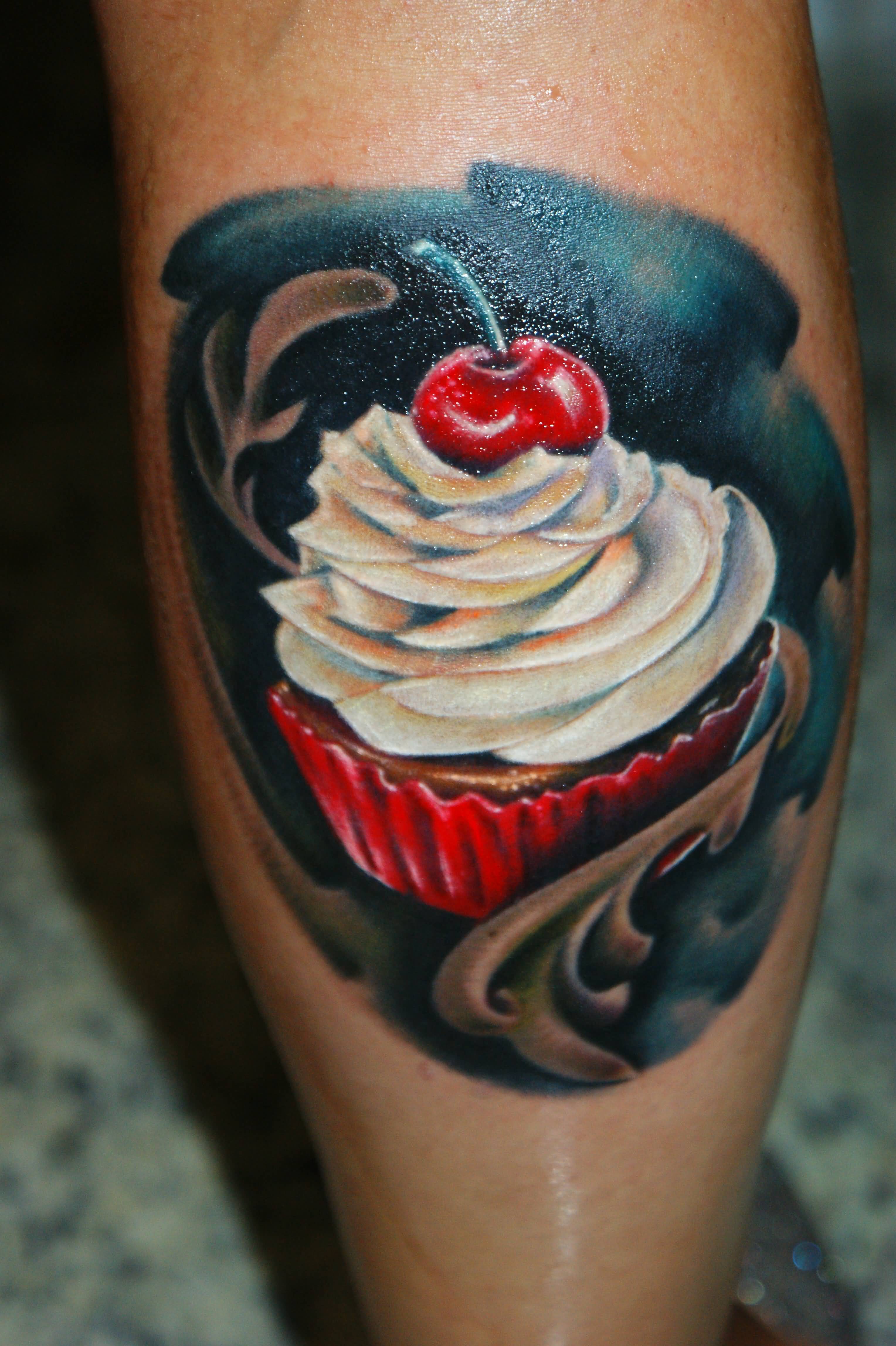Cherry On Cupcake Tattoo On Back Leg