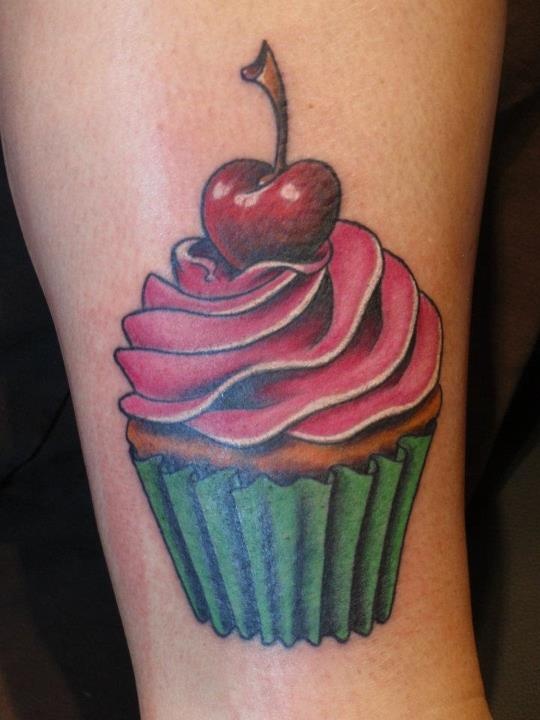 Cherry Realistic Cupcake Tattoo On Bicep