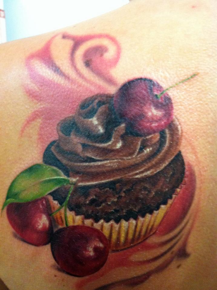 Cherry Realistic Cupcake Tattoo On Left Back Shoulder