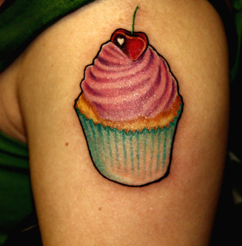 Cherry Realistic Cupcake Tattoo On Left Shoulder