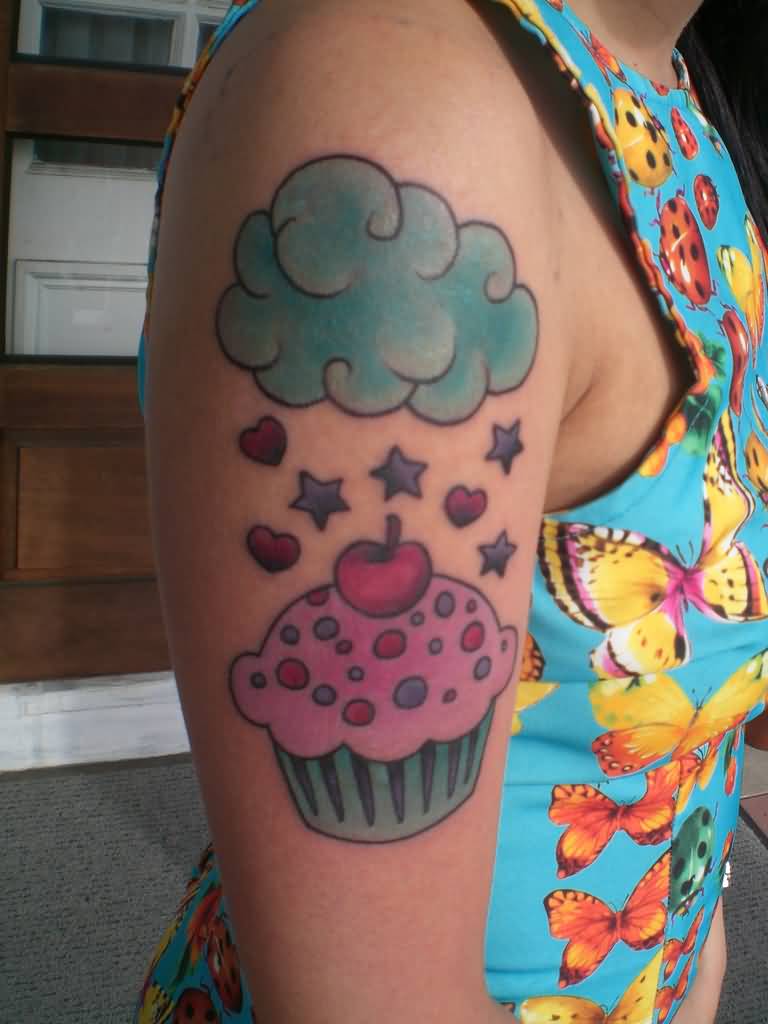 Clouds And Cupcake Tattoo On Girl Right Half Sleeve