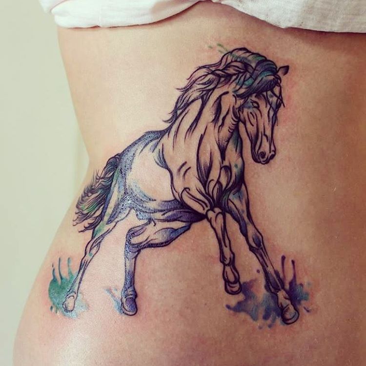 Color Ink Running Horse Tattoos On Rib Side