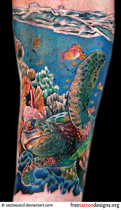 Color Ink Sea Turtle Under Water Tattoo