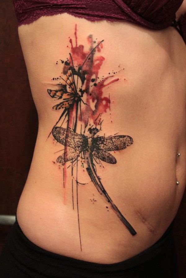 Color Splash Dragonfly Tattoo On Side Rib