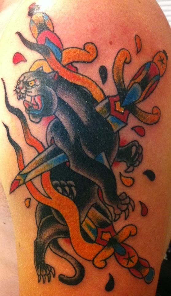Colored Dagger Traditional Panther Tattoo