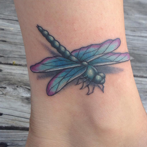 Colored Dragonfly Tattoo On Ankle