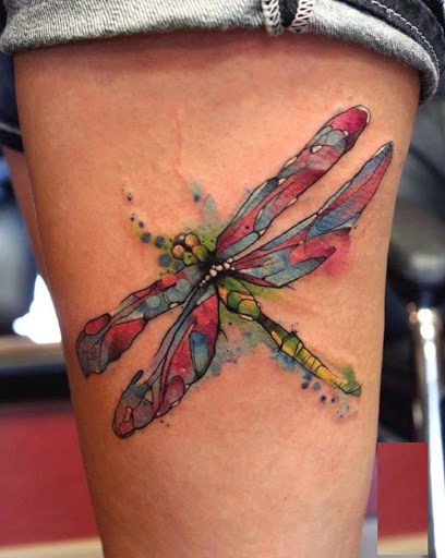 Colored Dragonfly Tattoo On Leg