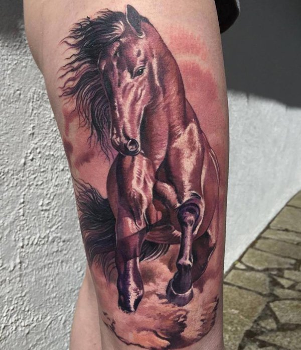 Colored Jumping Horse Tattoo On Side Leg