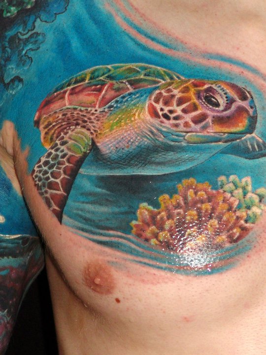Colored Sea Turtle Tattoo On Man Chest