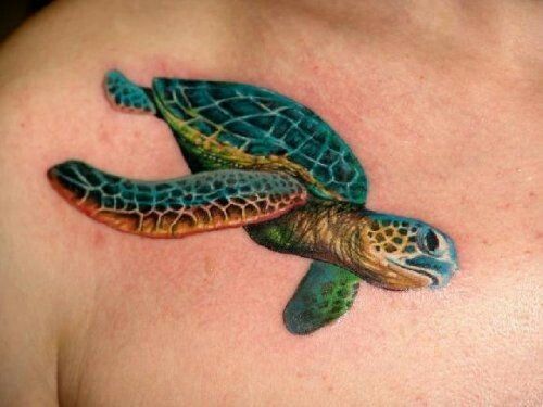 Colored Sea Turtle Tattoo On Man Front Shoulder
