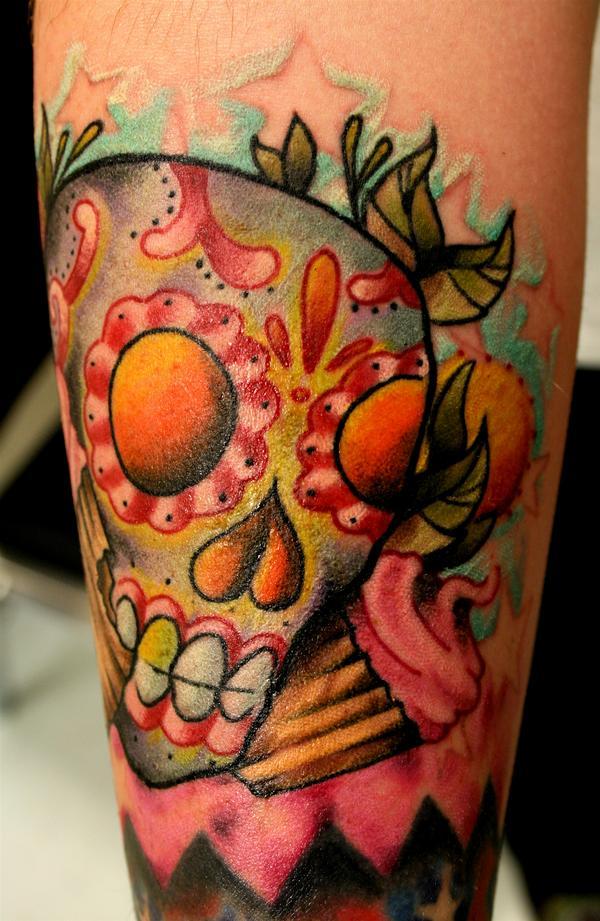 Colored Sugar Skull Cupcake Tattoo On Arm Sleeve