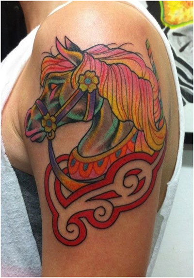 Colored Tribal Horse Head Tattoo On Left Shoulder