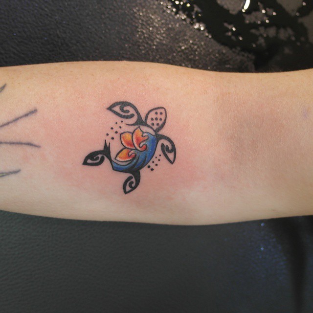 Colored Turtle Tattoo On Arm Sleeve
