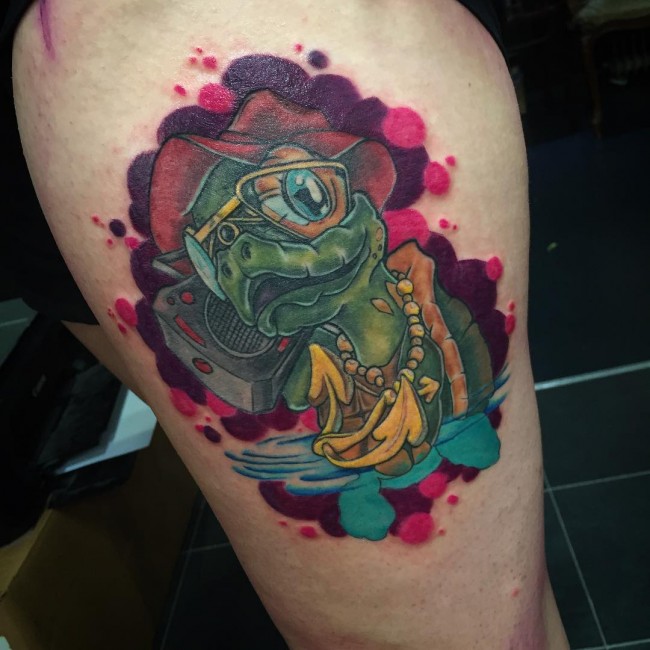 Colored Turtle Tattoo On Thigh