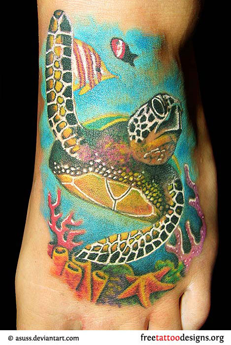 Colorful Underwater Sea Turtle Tattoo On Left Foot