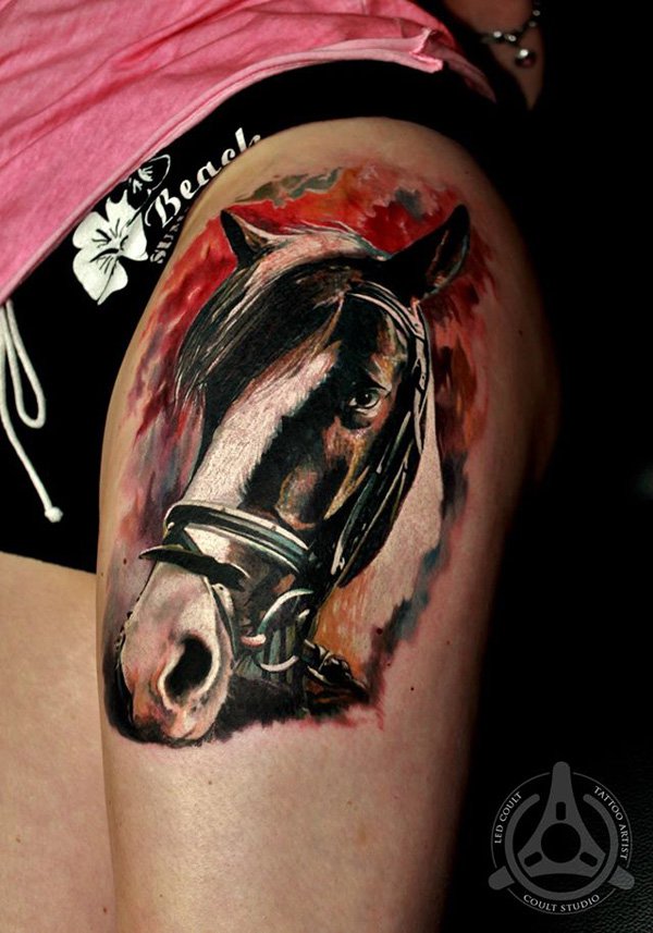 Colorful 3D Horse Head Tattoo On Left Thigh