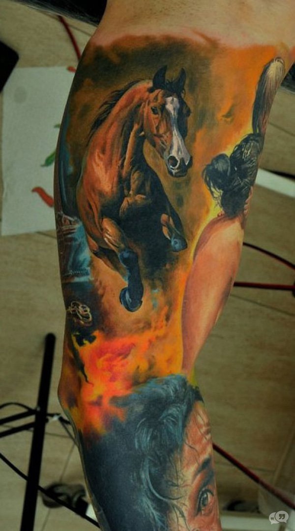 Colorful 3D Horse Tattoo On Arm Full Sleeve