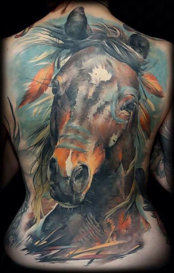 Colorful 3D Horse Tattoo On Girl Back