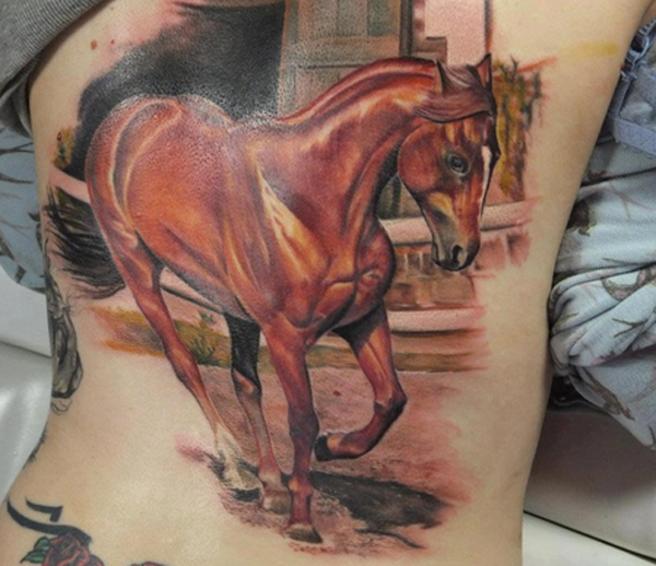 Colorful 3D Horse Tattoo On Rib Side
