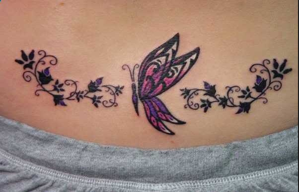 Colorful Butterfly And Stars Tattoo On Lower Back