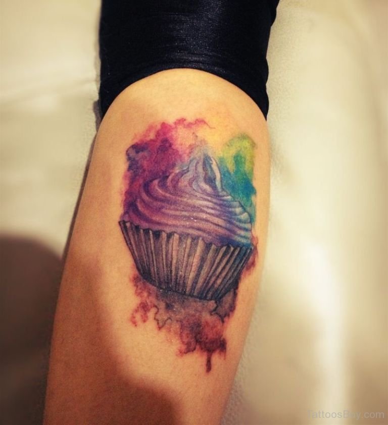 Colorful Cupcake Tattoo On Arm Sleeve