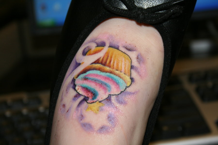 Colorful Cupcake Tattoo On Girl Left Foot