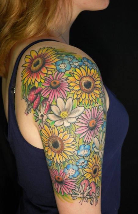 Colorful Daisy Flowers Tattoos On Right Half Sleeve