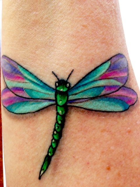 Colorful Dragonfly Tattoo On Arm