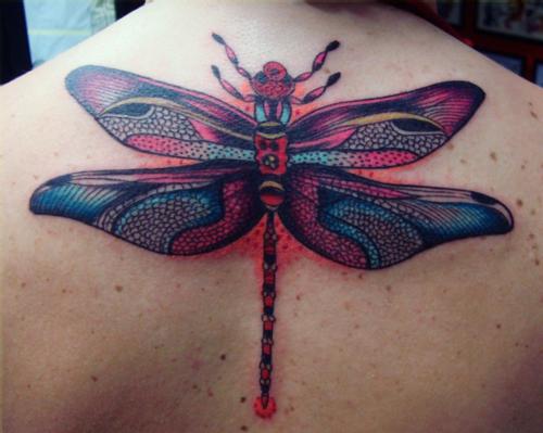 Colorful Dragonfly Tattoos On Upper Back