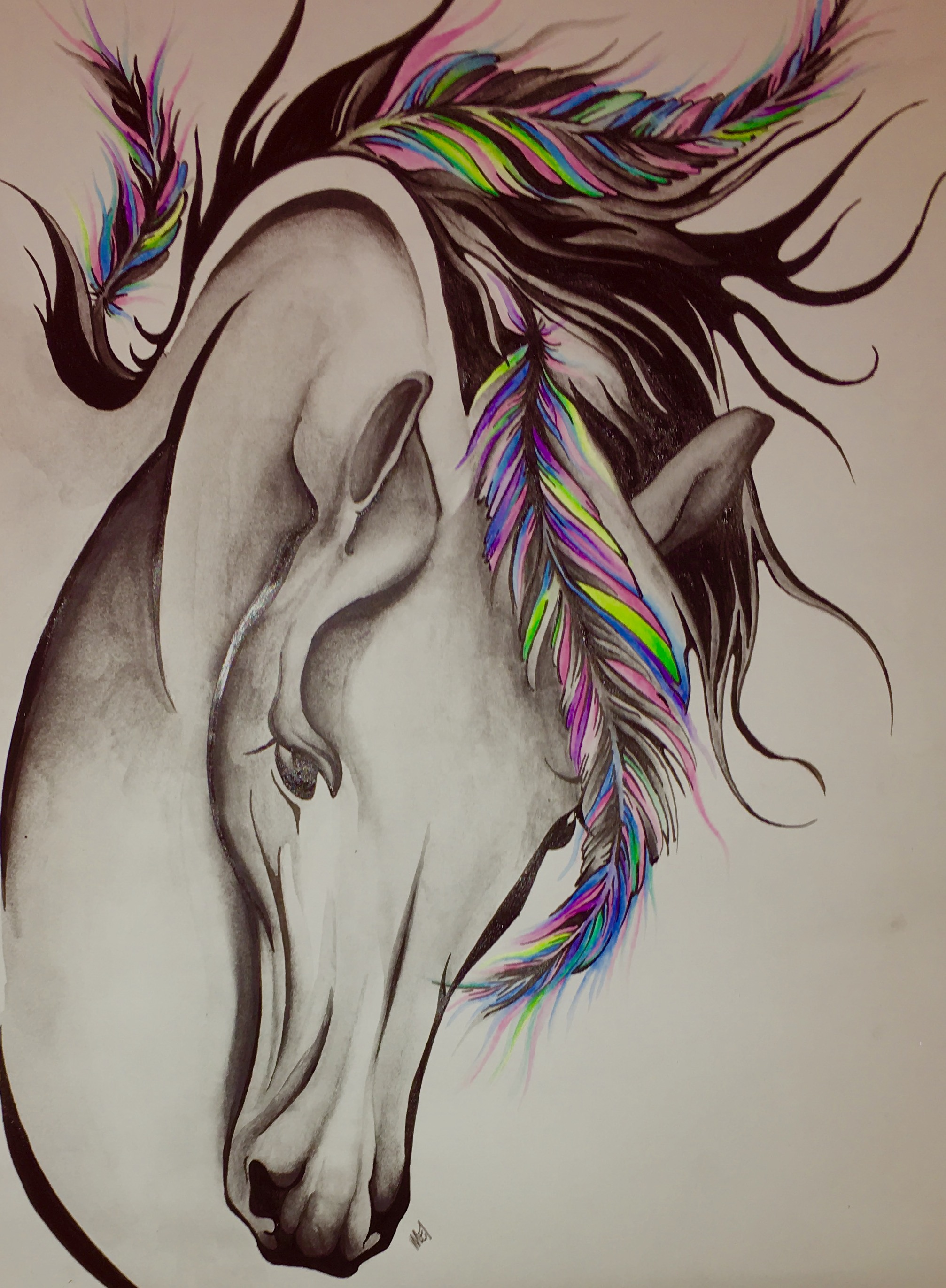 Colorful Feathers On Horse Head Tattoo Design
