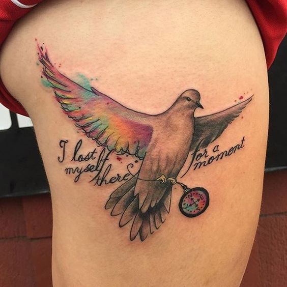 Colorful Flying Dove Tattoo On Side Thigh