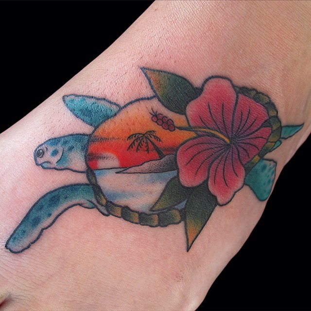 Colorful Hawaiian Turtle And Flower Tattoo On Left foot